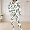 Women Plus Size White Floral Printed Round Neck Long Sleeve Top And Pants Set