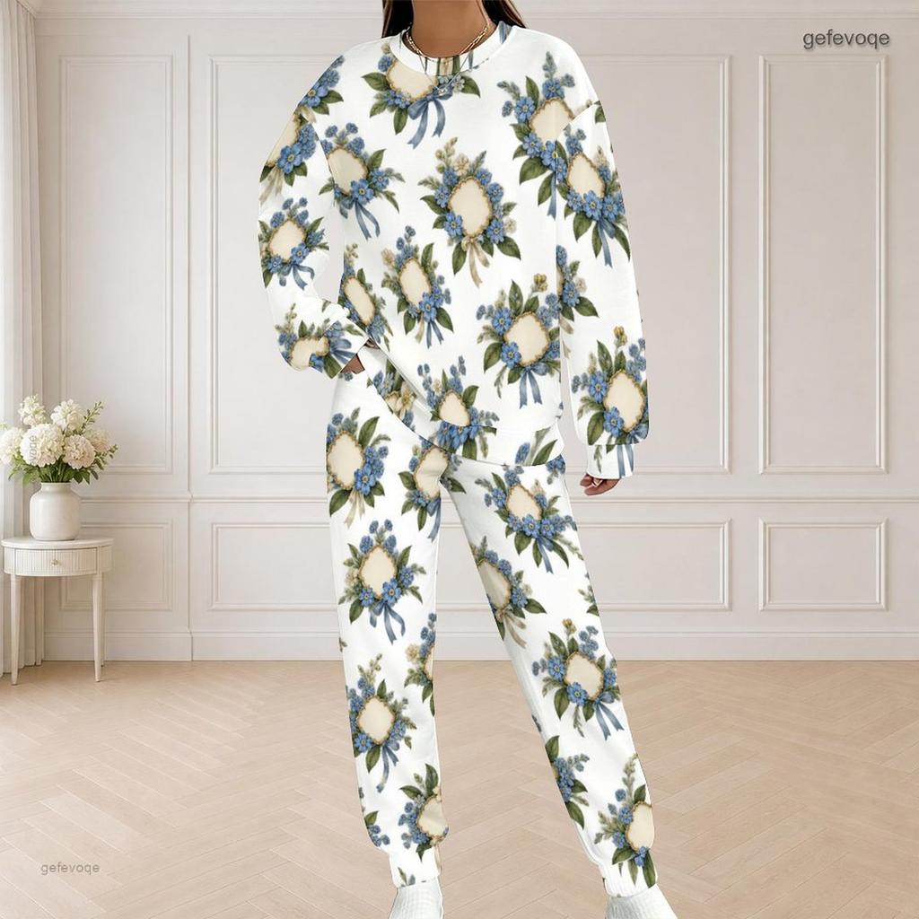 Women Plus Size White Floral Printed Round Neck Long Sleeve Top And Pants Set