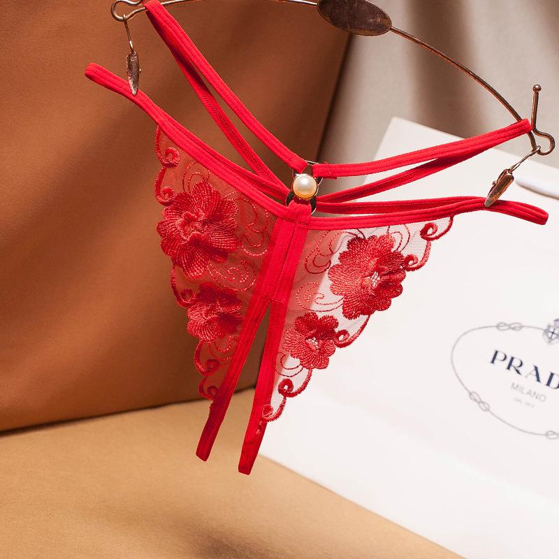 Women's Sexy Lace-Up Mesh Embroidered Thong with Pearl Detail and Open Crotch