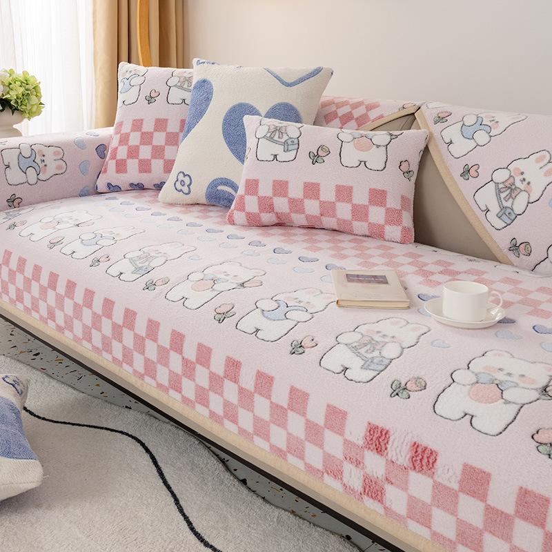 Sofa Cushion Winter Cartoon Non-Slip Cushion Cover Towel Cute Thickening Plush Sofa Cover