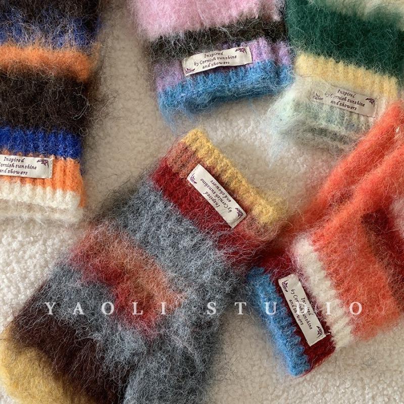 Jintai rainbow color matching stripes~ atmosphere plush mittens women's autumn and winter warm and cold moisture