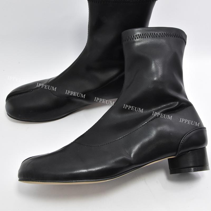 IPPEUM Tabi Boots For Women Black Pu Leather Plus Size 44 Ankle Boots Split Toe Tabis Botas