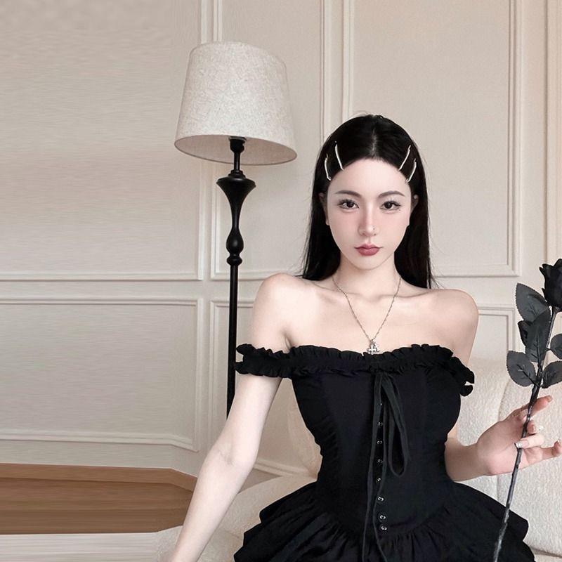 2024 Women's Black Ruffle Suspender Dress - Summer Sexy Cake Style