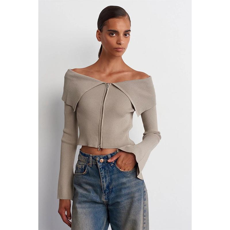 

Fashion Women s Cardigan Spring Autumn Sexy Collar Zip Patchwork Vintage Sweaters New Chic Streetwear Female Jumpers L коричневий