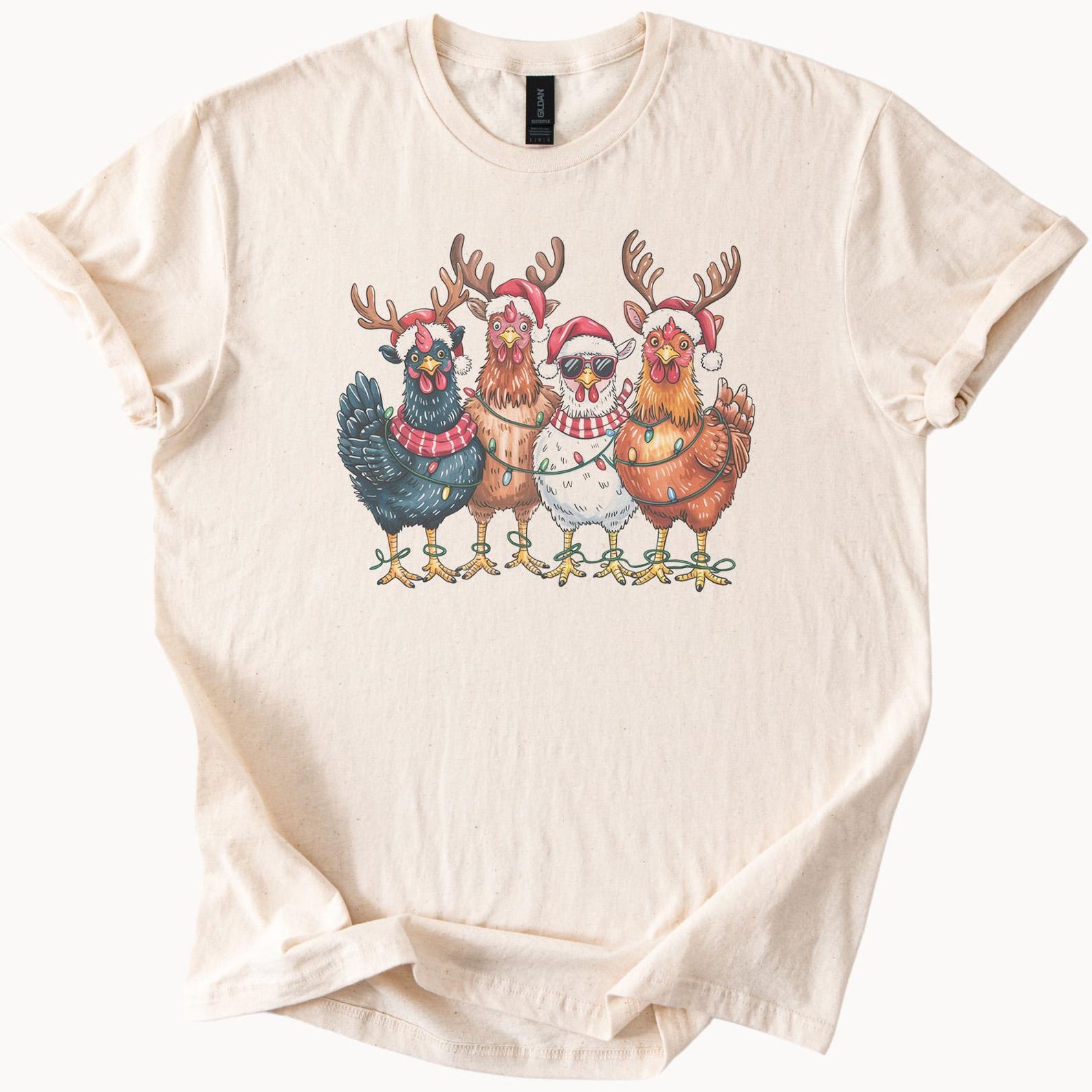 Christmas chickens funny holiday t shirt hens wearing antlers santa hats cute farm animal graphic tee 130