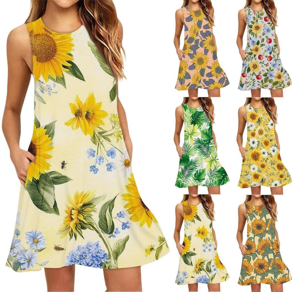 Damenmode Strandkleid Ärmelloses Rundhalskleid mit Blumendruck