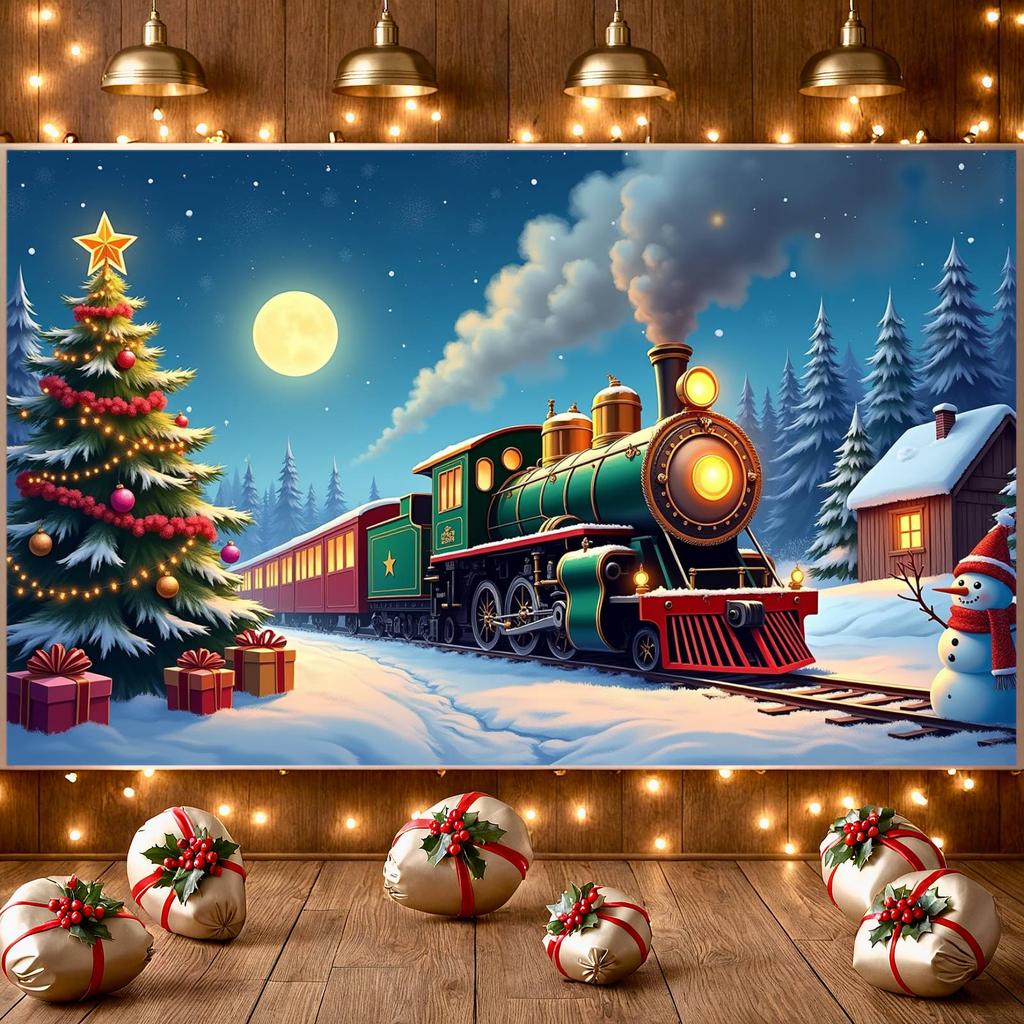 Festive Banner Snowy Scene Holiday Banner Christmas Train Banner Lighted Garland For Outdoor Event Winter Festival Holiday