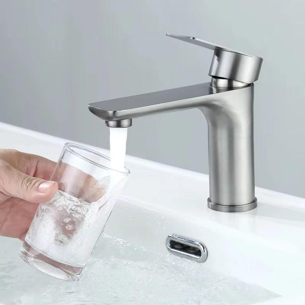 Stainless Steel Bathroom Faucet Single Cold Kitchen Sink Faucet Lavatory Basin Faucet Guest Bath