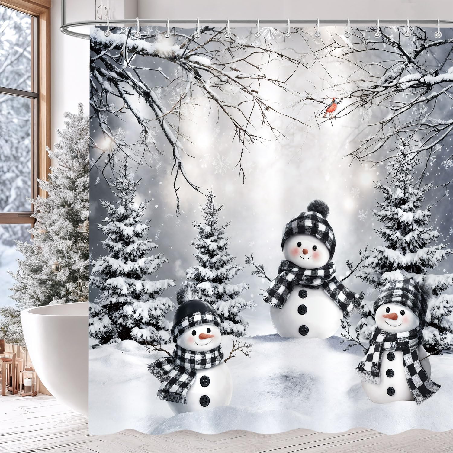 

Gaewinter Christmas Shower Curtain, Window Snow Scene Glitter Xmas Tree Aesthetic Bathroom Decor, Rural Pine Tree Natural Scen W60H190(CM)-1 Pcs