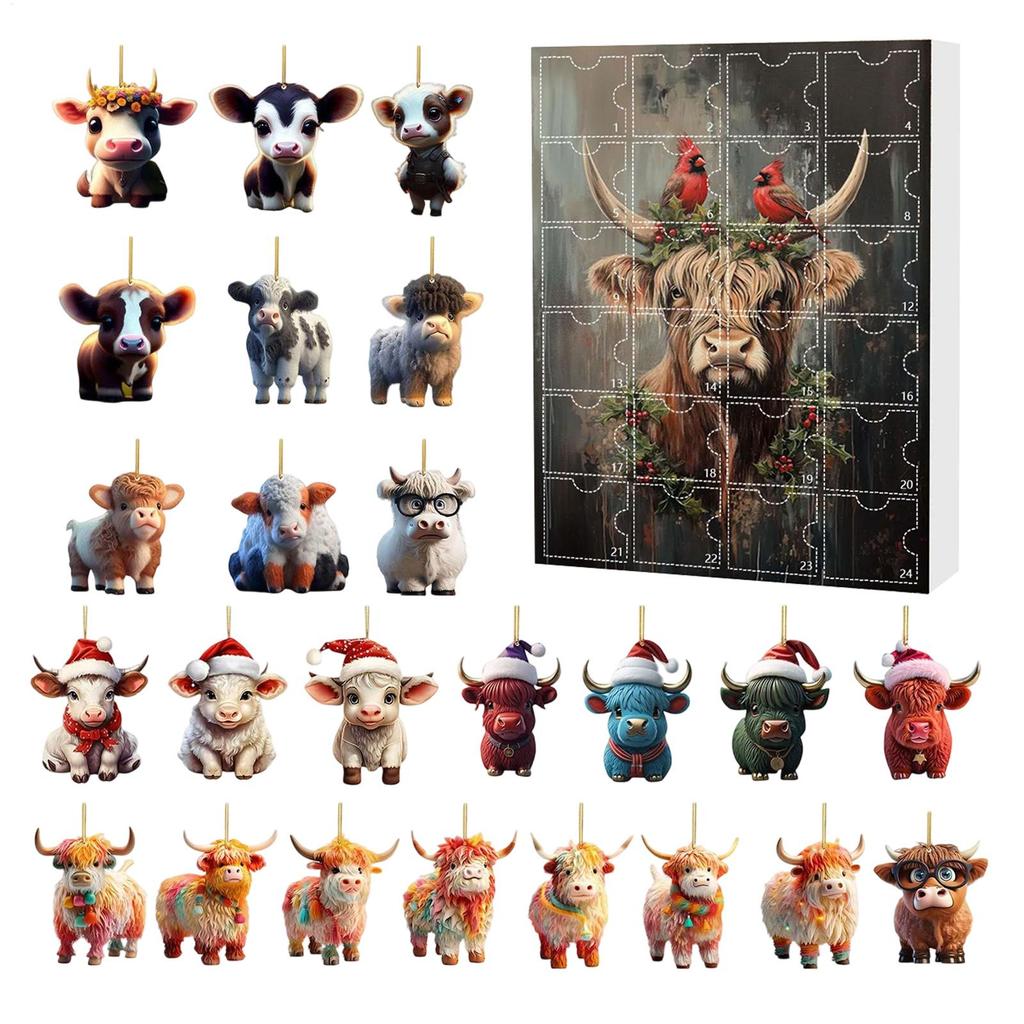 Christmas Advent Calendar 24 Days Highland Cow Ornaments 2D Acrylic Cute Animal Christmas Tree Decorations Xmas Countdown Gifts
