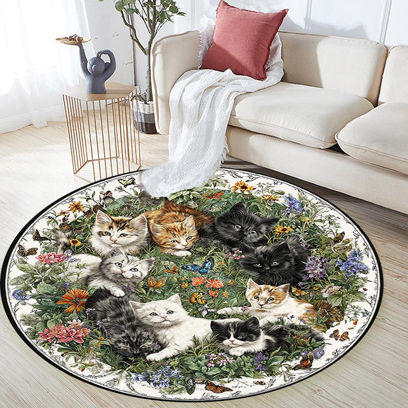 Cats Flowers Round Area Rug,Carpet Rug for Living Room Bedroom Sofa Playroom Decor,Non-slip Floor Mat