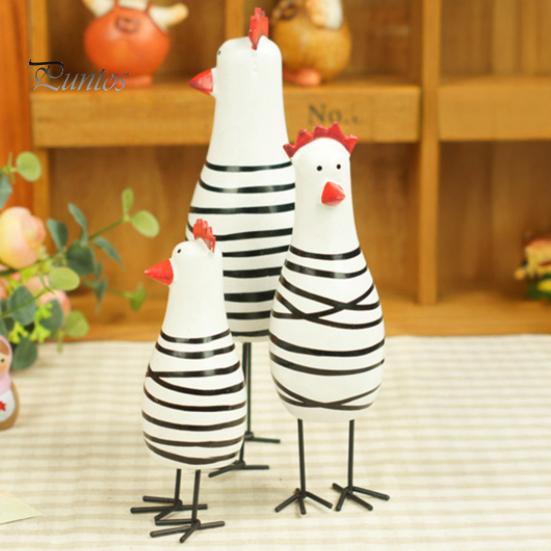 Wooden Handicraft Ornaments 3Pcs Hand-Painted Chicken Figurine Set, Cute Animal Desktop Decor with Striped Black Multi-Sized Set & White Design, Metal
