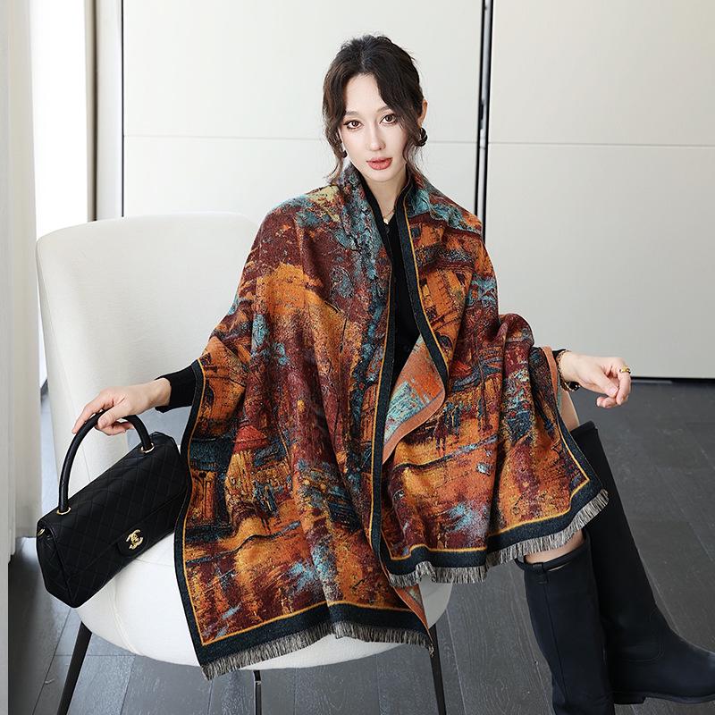 Peony Jacquard Chinese-Style Double-Sided Shawl Scarf – Warm & Versatile for Women In Autumn and Winter.