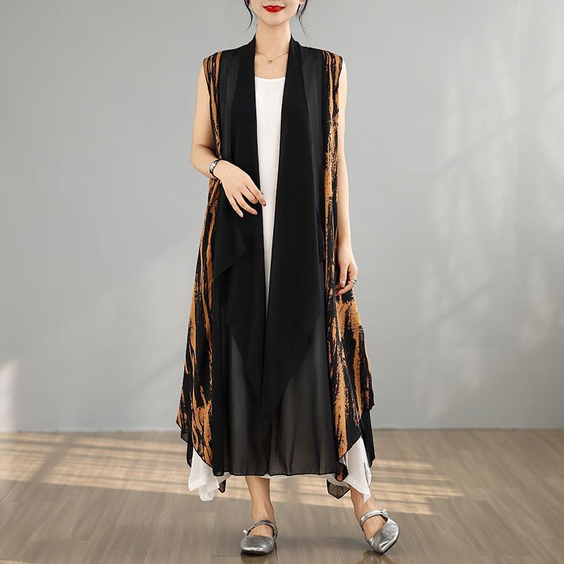 

DIMANAF 2025 Новый Летний Женский Длинный Жилет Большого Размера Без Рукавов Пальто Базовая Мода Шифоновые Топы Футболки Повседневный Свободный XL оранжевый