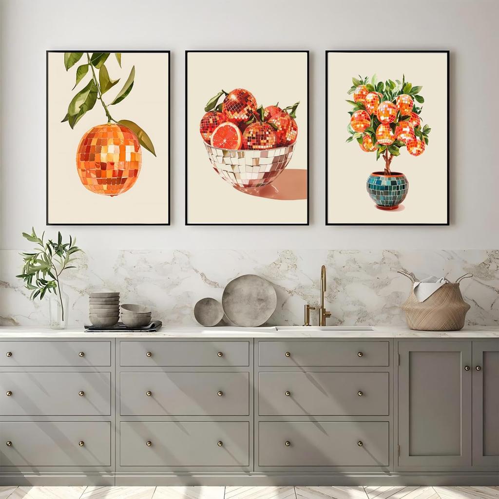 3Pcs Retro Disco Oranges Wall Art Funky Girl Preppy Wall Decor Pictures Fashion Glam Fruit Orange Food Mirror Ball Posters Canvas Prints for Bar Cart
