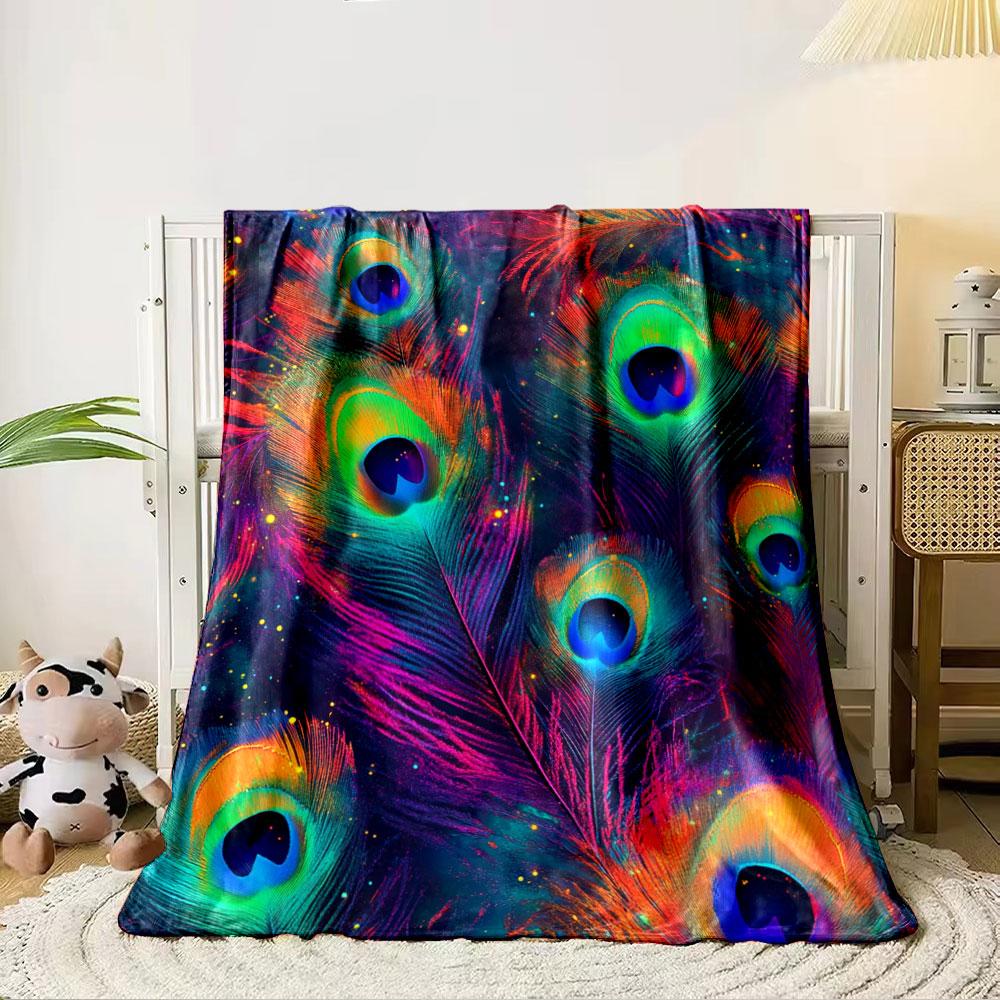 Vibrant peacock feathers with a cosmic and multicolor glowing effect. for all seasons blanket lunch break throw gift 80cm x 120cm