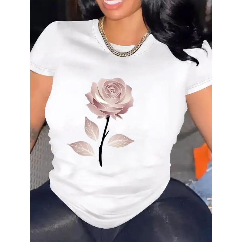 Womens Pink Rose T Shirt Comfortable Crew Neck Casual Short Sleeve Soft Breathable Summer Spring Streetwear Top