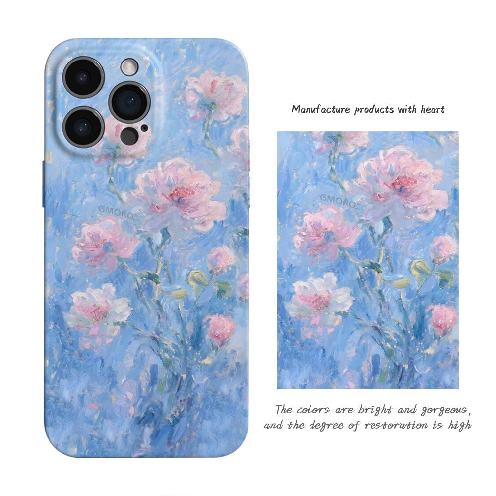 Blue oil painting flower mobile phone case Apple 16promax anti-drop all-inclusive film case iPhone17pm art style