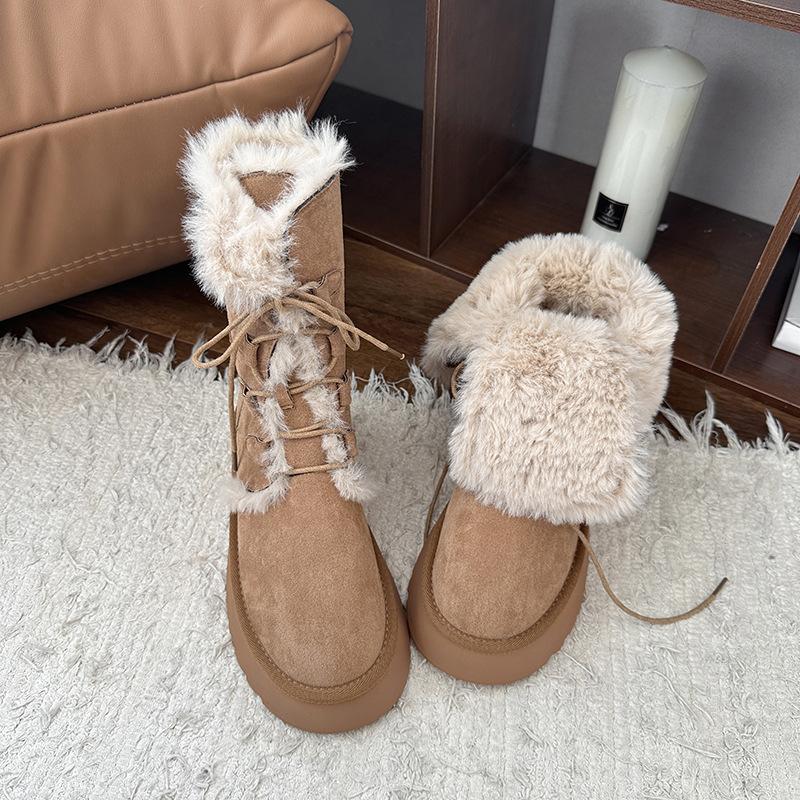 Fashion khaki platform versatile tall snow boots women's 2025 autumn and winter new warm and heightening snow boots cotton shoes