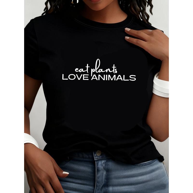

Plus Size Women s Eat Plants Love Animals Vegan Slogan Print Casual Short Sleeve Tee S чёрный