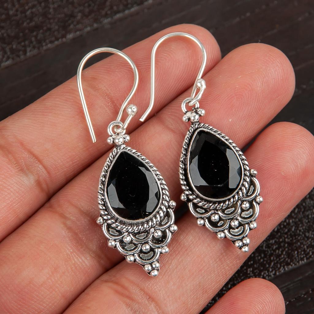 Naturlig Svart Onyx Ädelsten 925 Sterlingsilver Smycken Handgjorda Örhängen 1,9" EE-85-13