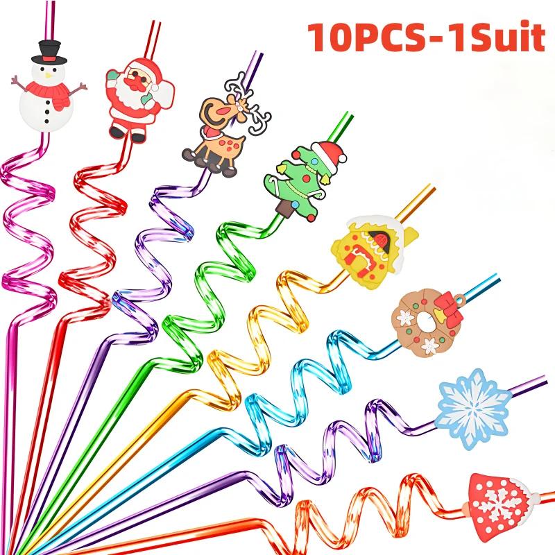 10-30PCS Christmas Reusable Straws PVC Spiral Plastic Straws for Holiday Party Decor Eco-Friendly Santa Themed Party Gifts