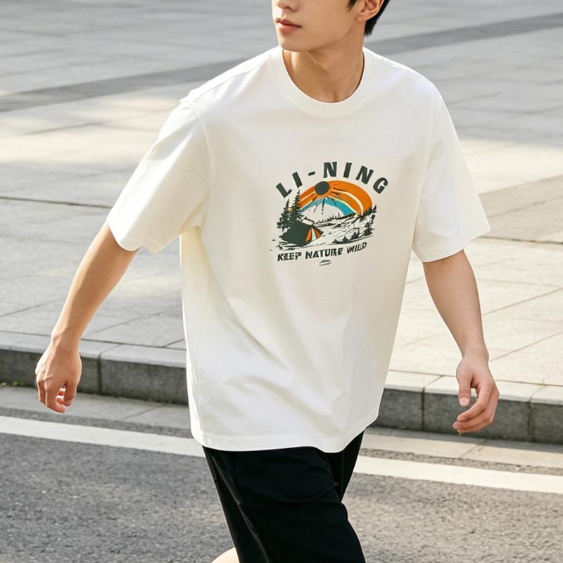 Li-Ning Summer Mens Printed Solid Color Round Neck Short Sleeve Comfortable Breathable Skin-Friendly Versatile Trendy T-Shirt Men tops AHSV337-3