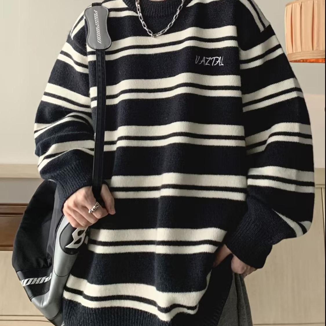 Autumn/Winter Men s Striped Color Block Round Neck Sweater - American Casual Style Knitwear 3XL