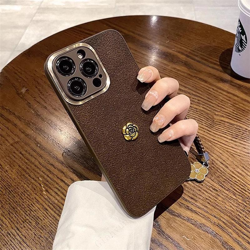 Luxury Lunar Crater 3D Camellia Leather Strap Phone Case For iPhone 15 14 13 12 11 Pro Max Plus + X XS XR Fall Dirt Resistant