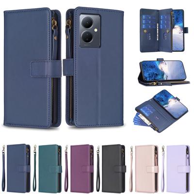 Solid Color Pattern PU Leather Card Slots Zipper Wallet Phone Case for Vivo Y78,Y36,Y27 4G,Y35 4G,Y22s,Y21,Y21s,Y33s 4G,Y15,Y12,Y17,Y20...