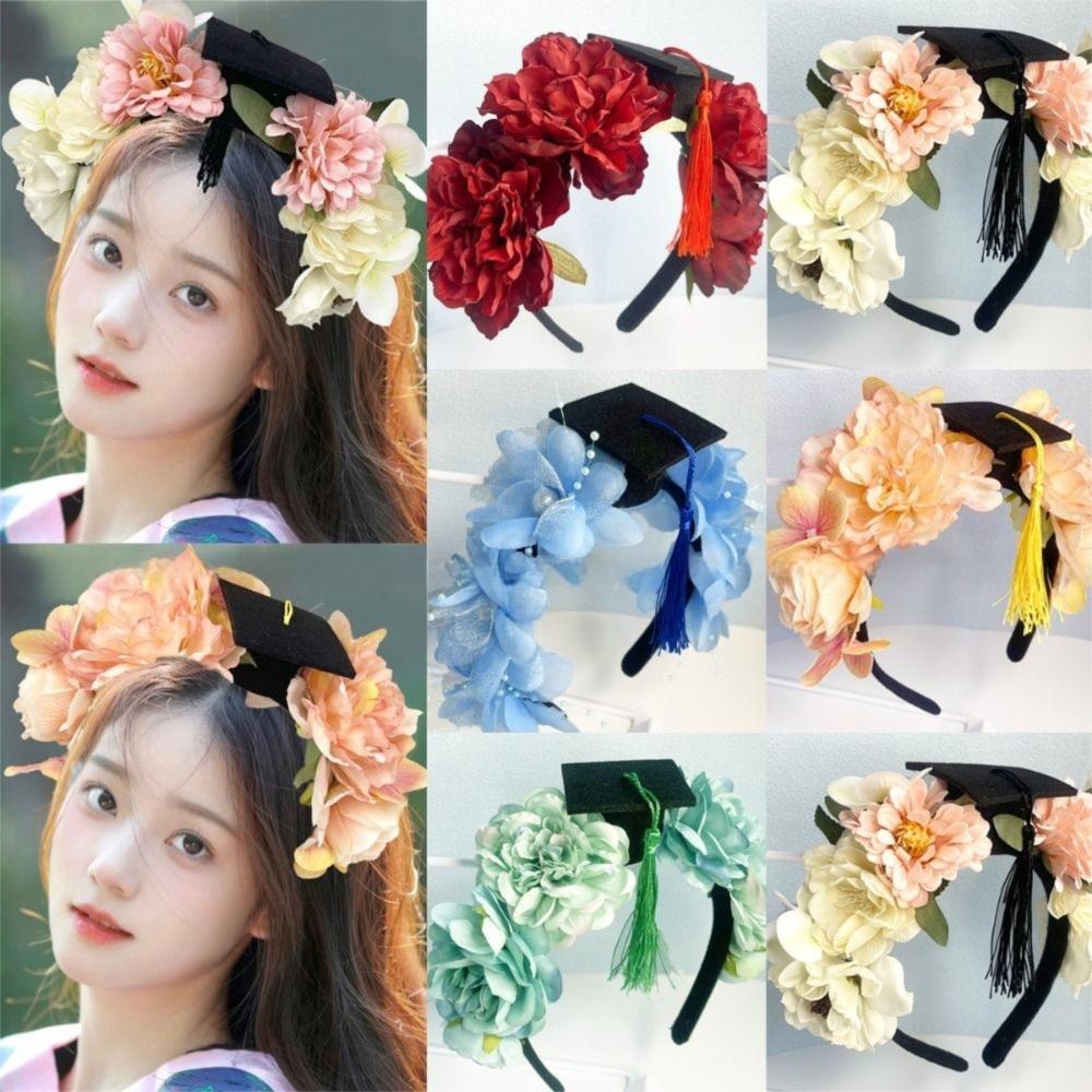 

Master Flowers Hair Band Doctor Academic Hat with Tassels Headwear Mortar Board Student Supplies зелений