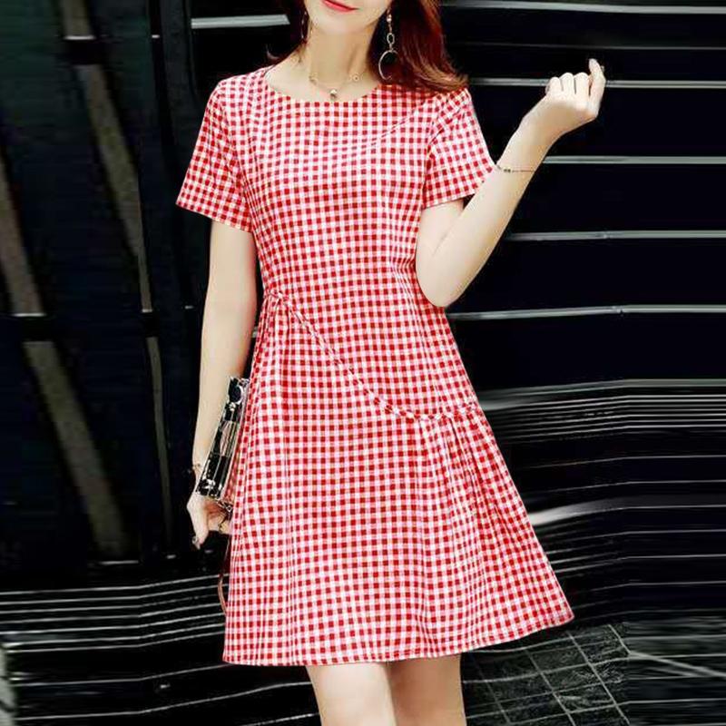 

ZANZEA Женское повседневное платье с круглым вырезом, клетчатым принтом, летнее, с коротким рукавом красный