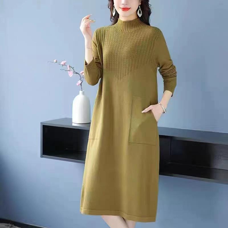 

Осінньо-зимова жіноча сукня-светр середньої довжини вільного крою, наряд для матері середнього віку, в язана тепла сукня 3XL