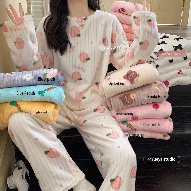 Women's Flannel Two-Piece Pajama Set: Round Neck, Loose Long Sleeve, Double-Sided Fleece Homewear.