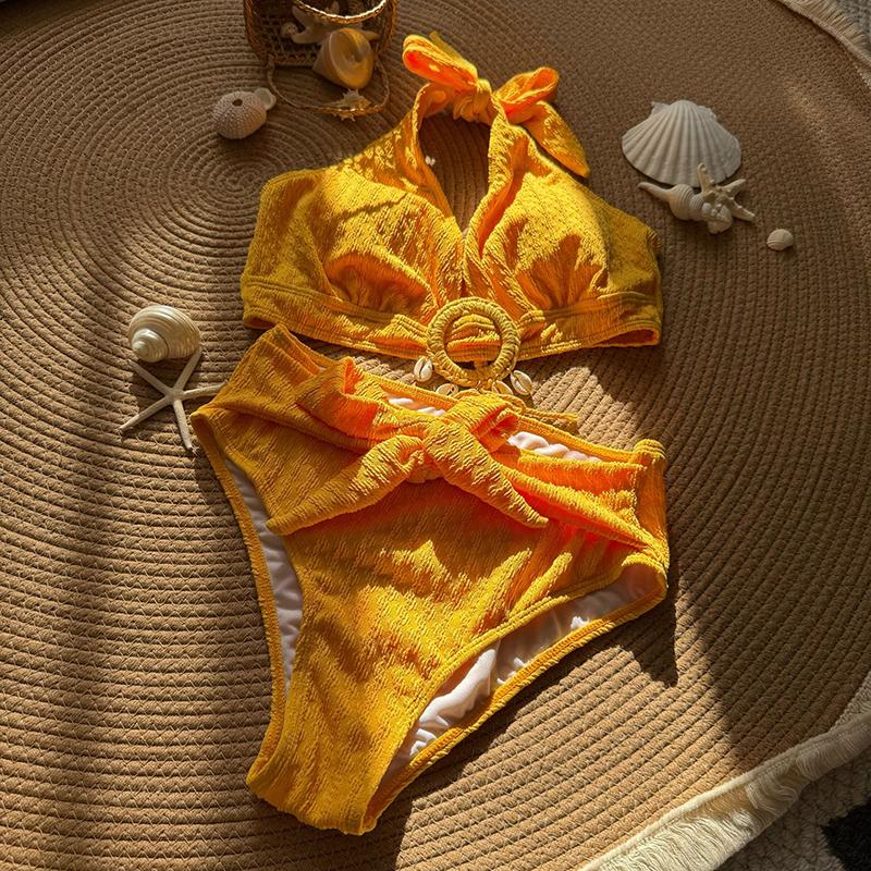 

Купальник женский с морщинками, халтер, завязывающийся, бикини с высокой талией, женская купальная одежда, комплект бикини из двух частей, купальник для купания L оранжевый