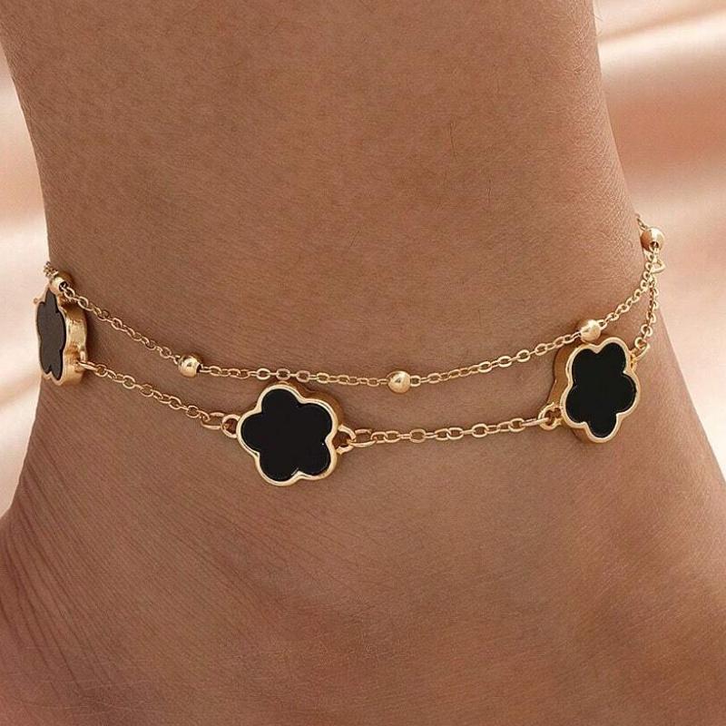 Delicate Double Layer Five-Leaf Clover Anklet for Women Exquisite Lucky Floral Summer Beach Hoilday Jewelry Gifts