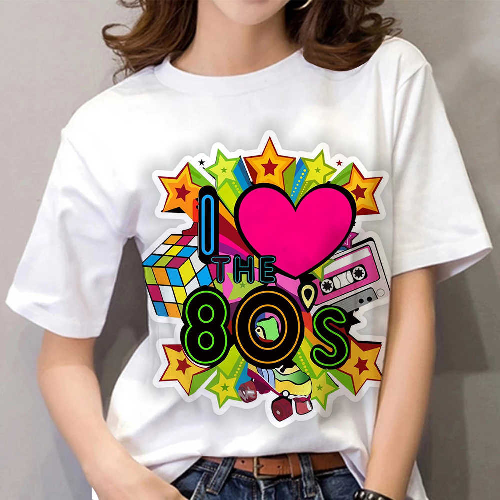 80s Women's T Shirt Femal Black/White Shorts Sleeve Tops 2023