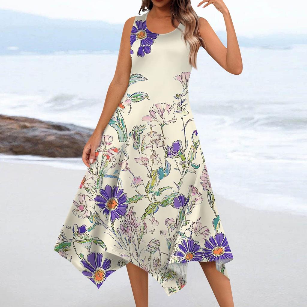 Women's Casual Fashion Round Neck Sleeveless Floral Print Irregular Hem Midi Dress