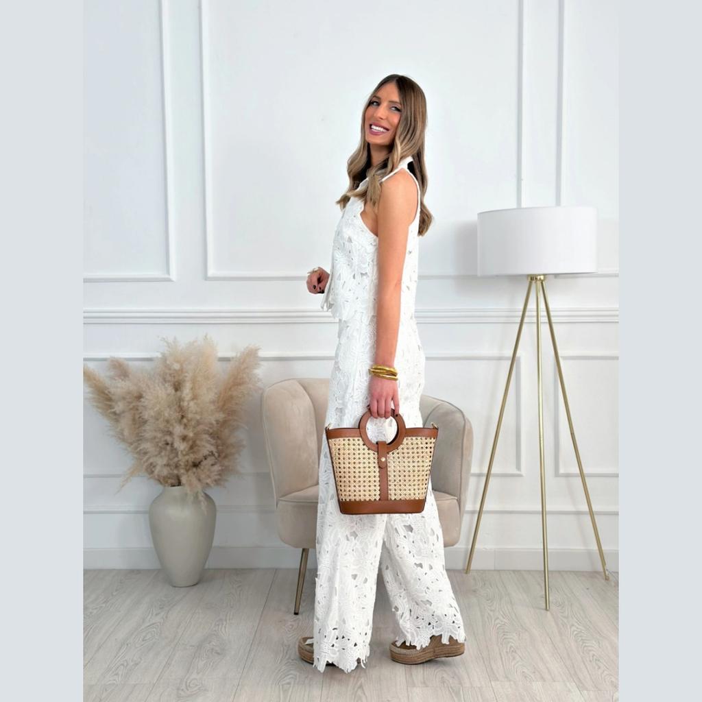 Summer French Summer Embroidered Hollow V-neck Vest Top + Wide-leg Straight Trousers Suit