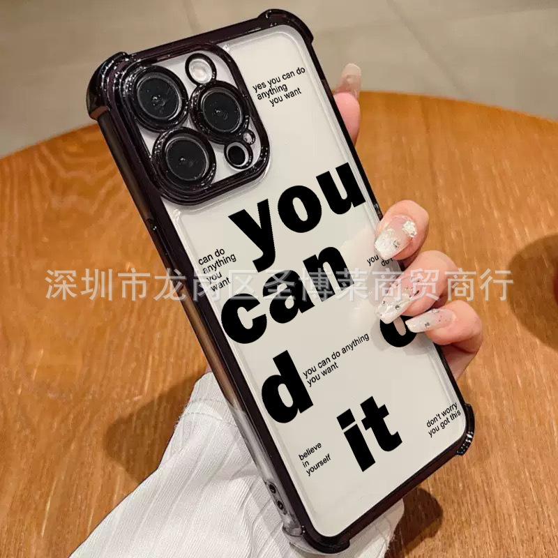 Black English Applicable iPhone17 mobile phone case four corners anti-drop airbag 16promax lens film 15 protective case
