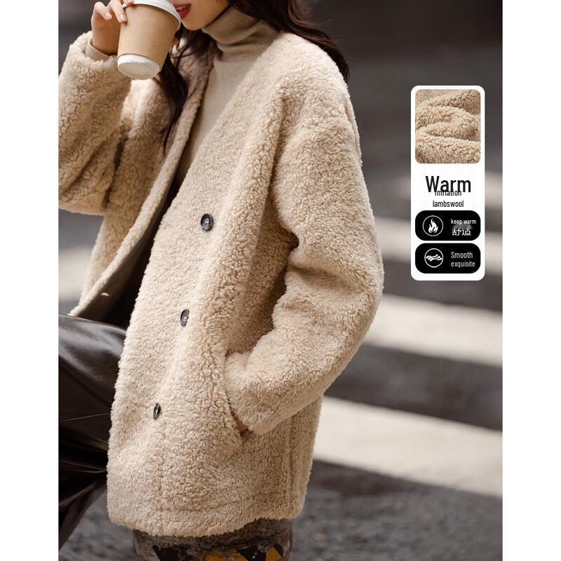 Demana Warm V-neck Double-breasted Faux Lamb Wool Coat M