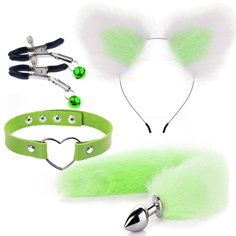 4Pcs/Set Cute Fox Tail Anal Plug Cat Ears Headbands Set Nipple Clip Neck Collar Cosplay Sex Toys For Women