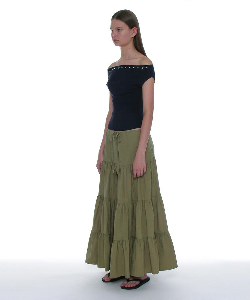 Partimento Woman Bow Strap Shirred Tiered Maxi Skirt_Khaki Green