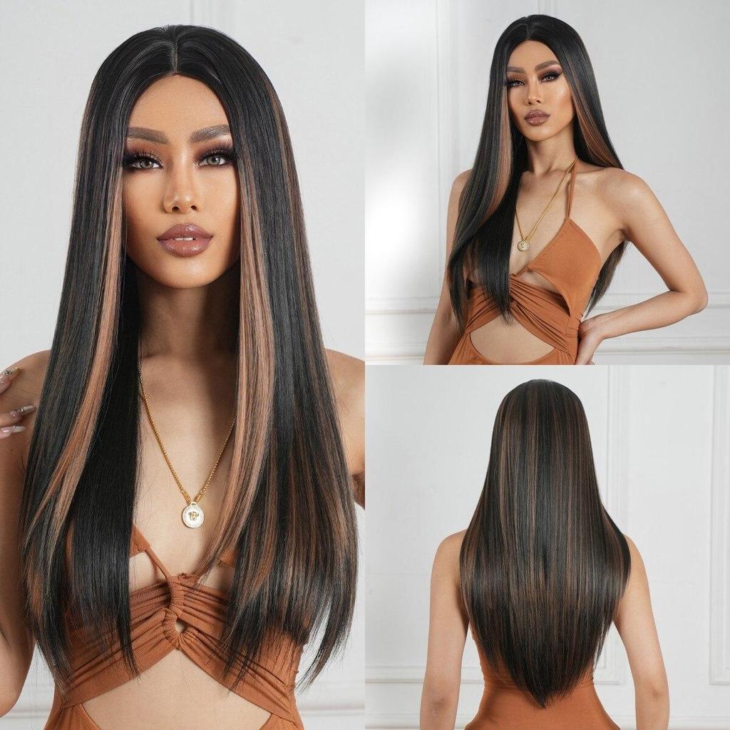 EASIHAIR Dlouhé hnědé smíšené syntetické paruky pro ženy střední pěšinka rovné cosplay paruky paruka z přírodních vlasů paruka z vláken odolných vůči teplu