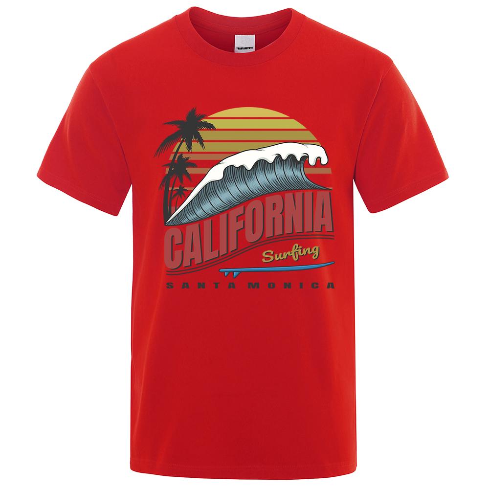 California Surfing Santa Monica Beach Printed Clothes Men Breathable Oversize T-Shirt Summer Cotton Tee Clothes Crewneck T-Shirt