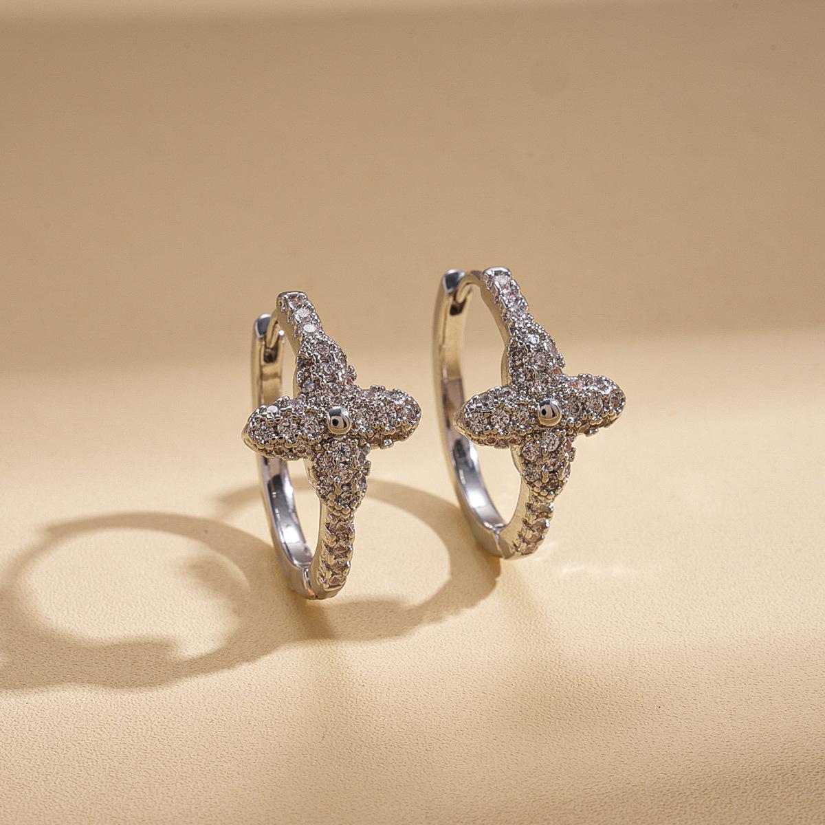 Zircon flower geometric round ear buckle cold wind simple versatile earrings light luxury earrings