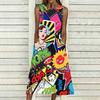 Ladies Oversized Sleeveless Crew Neck Dress Vintage Floral Branch Printed Flowy Calf Length Dress