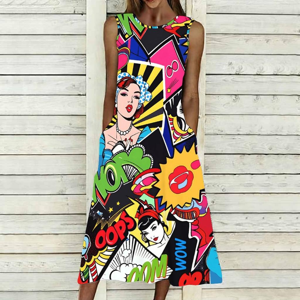 Ladies Oversized Sleeveless Crew Neck Dress Vintage Floral Branch Printed Flowy Calf Length Dress