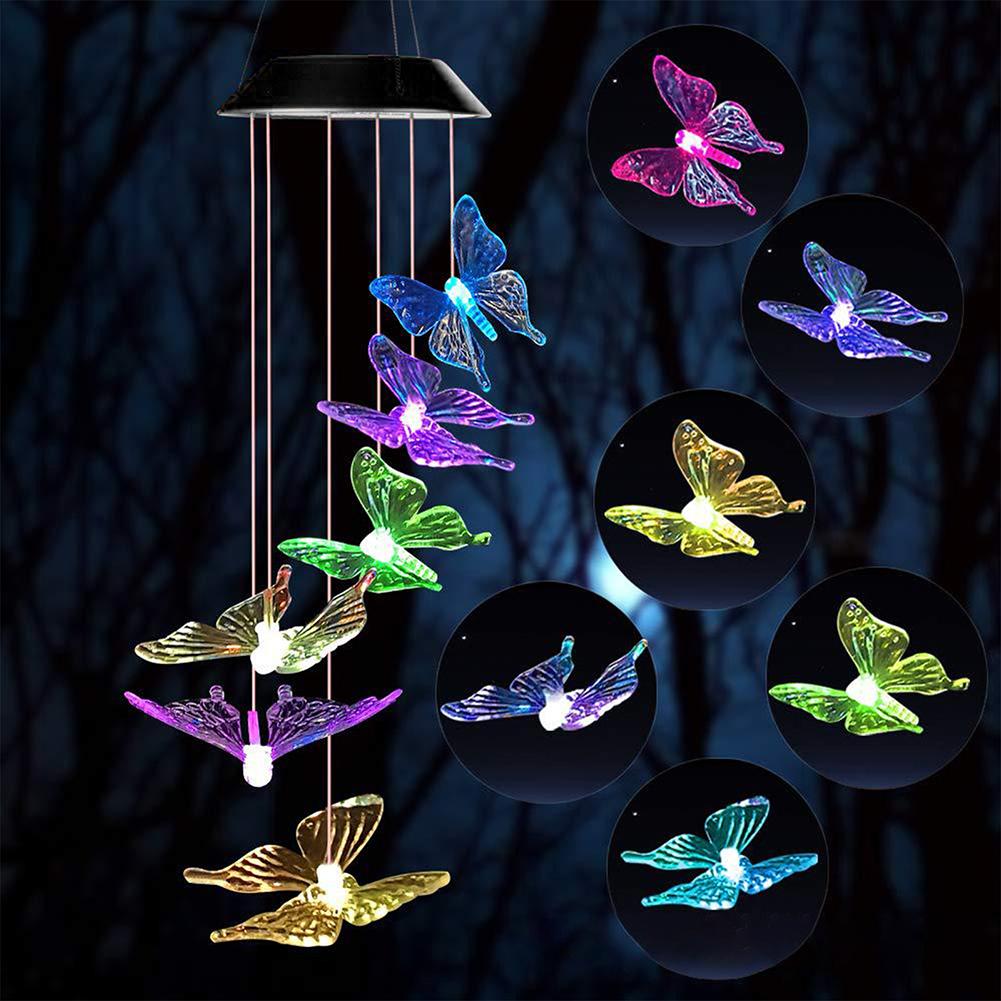 LED Solar Wind Chime Crystal Butterfly Hummingbird Colorful Lights Waterproof Outdoor Windchime Solar Light for Garden Decor