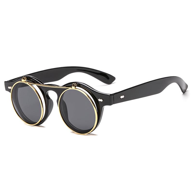 Double-Layer Flip-Up Round Steampunk Sunglasses - Retro European & American Trend